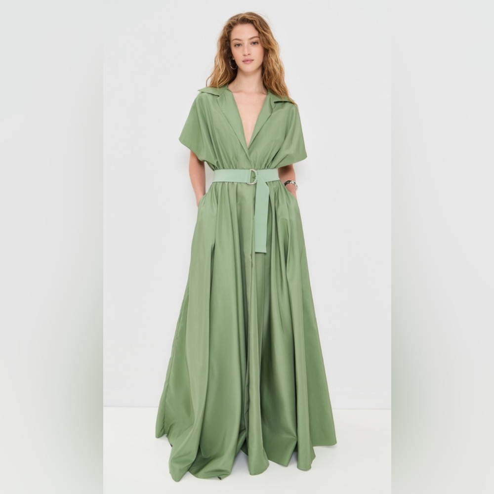 Norma Kamali Belted Flared Green Maxi Dress